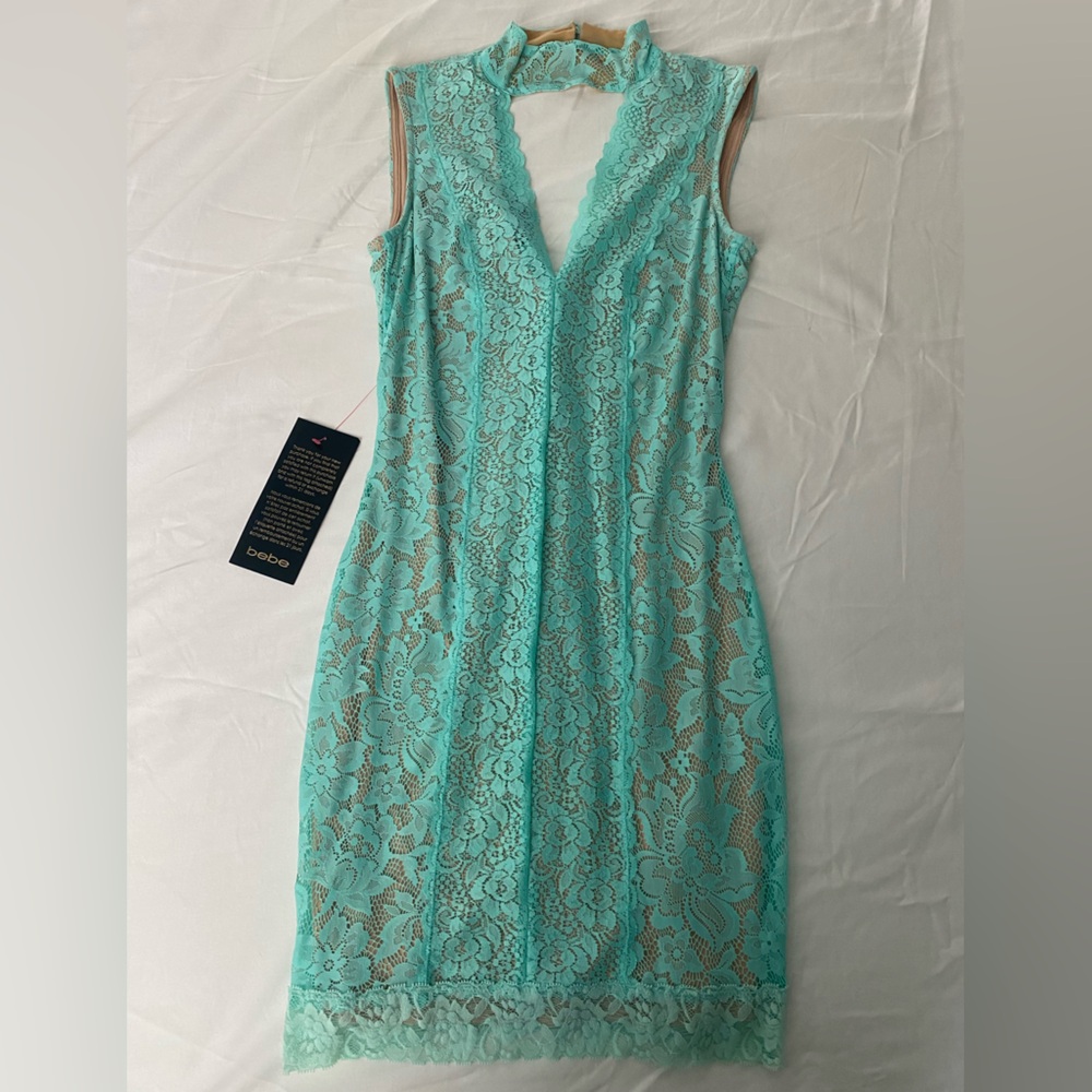 BEBE Aqua Lace V-Neck Bodycon Dress